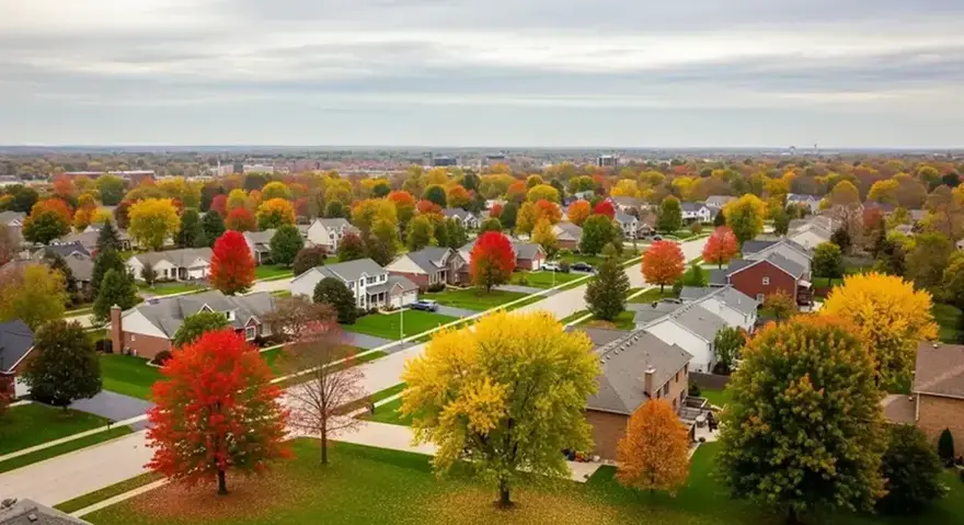Tree-lined streets of brick homes in a Macomb County suburb in autumn