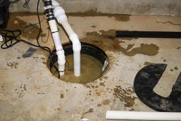 Sump pit in a basement floor with water standing around the discharge pipes