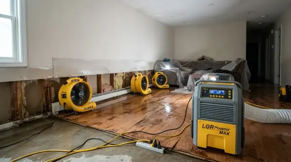 Air movers and an LGR dehumidifier drying a room with the lower drywall cut away