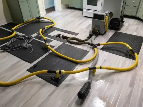 Floor drying mats and hoses pulling water out of a wet plank kitchen floor