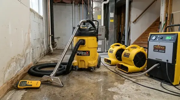 Extraction unit, air movers, a dehumidifier and a moisture meter in a basement
