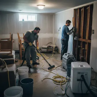 Technicians extracting water in a basement with the wall cavity opened