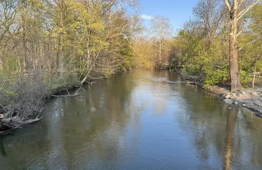 The Clinton River running between wooded banks in Sterling Heights
