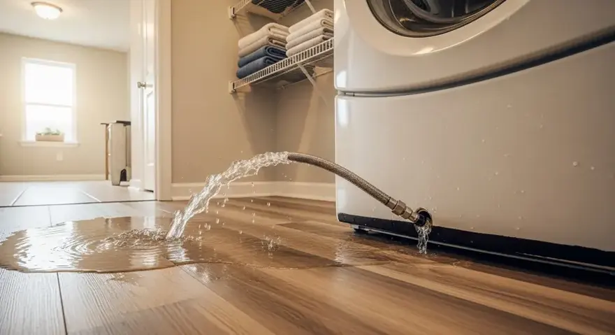 Water spraying from a washing machine supply hose across a laundry room floor