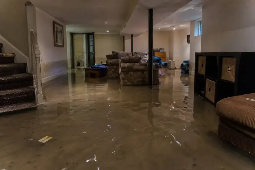 Standing water across a finished basement family room at the foot of the stairs