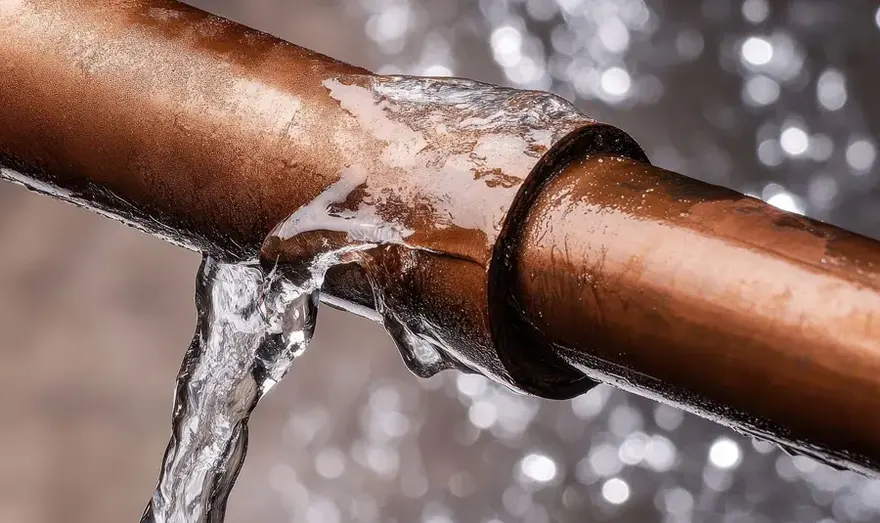 Water pouring from a split copper supply pipe at a fitting