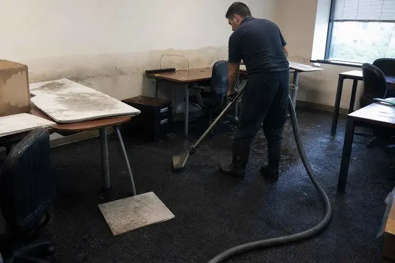 Technician extracting water from soaked carpet tile in an office