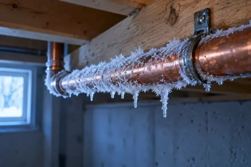 Frost and ice on a copper supply pipe under the basement floor joists