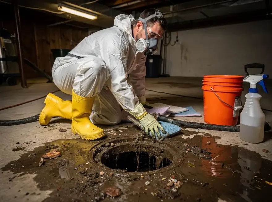 Technician in a protective suit and respirator cleaning sewage around a basement floor drain