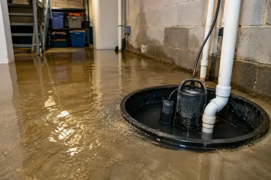 Basement floor under water around an overflowing sump pit and pump