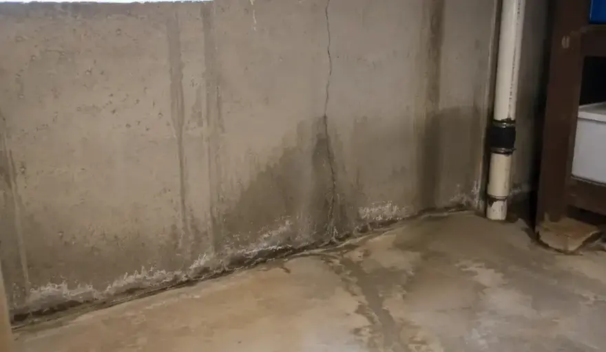 Water seeping along the cove joint of a poured concrete basement wall
