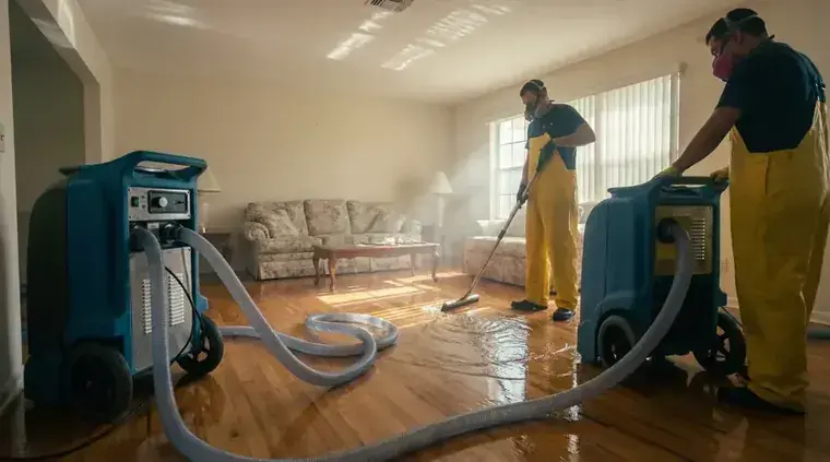 Two technicians extracting standing water from a hardwood living room floor