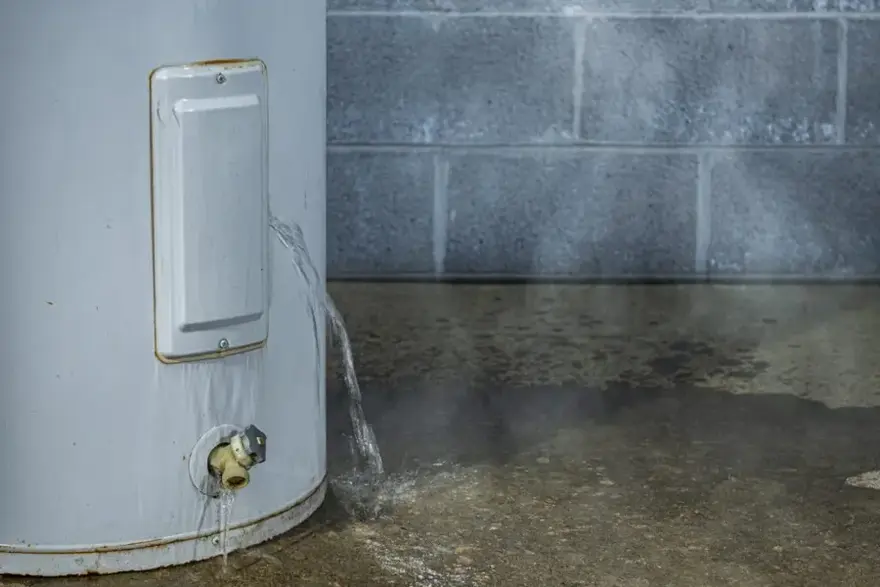 Water leaking from a tank water heater onto a basement floor beside a block wall
